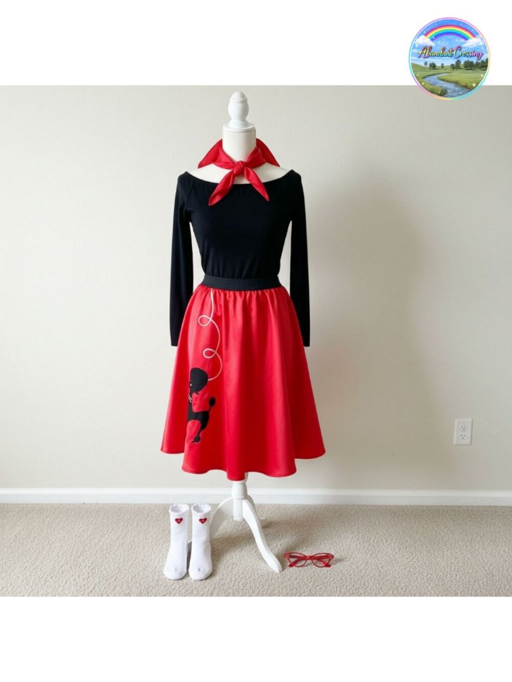 Women 1950s Sock Hop Poodle Skirt Costume with Glasses Scarf Socks